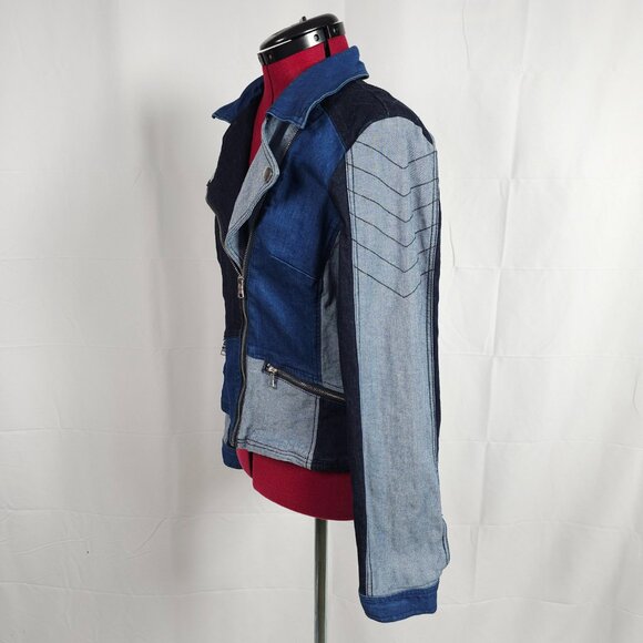 INC International Concepts - Denim Patchwork Moto Jean Jacket - Picture 4 of 7